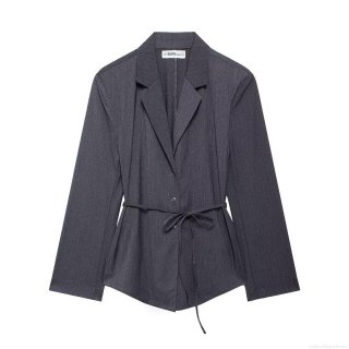 Women's Grey Pinstripe Blazer Jacket With Waist Belt Professional Office Commuter Suit Notched Lapel Single Breasted Long Sleeve Outerwear Coat