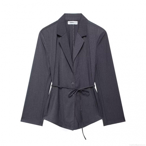 Women's Grey Pinstripe Blazer Jacket With Waist Belt Professional Office Commuter Suit Notched Lapel Single Breasted Long Sleeve Outerwear Coat