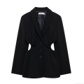 Women's Black Polyester Blazer Jacket With Unique Cut-out Waist Design Long Sleeve Suit Collar Single Breasted Office Commuter Style Chic Outerwear