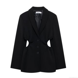 Women's Black Polyester Blazer Jacket With Unique Cut-out Waist Design Long Sleeve Suit Collar Single Breasted Office Commuter Style Chic Outerwear