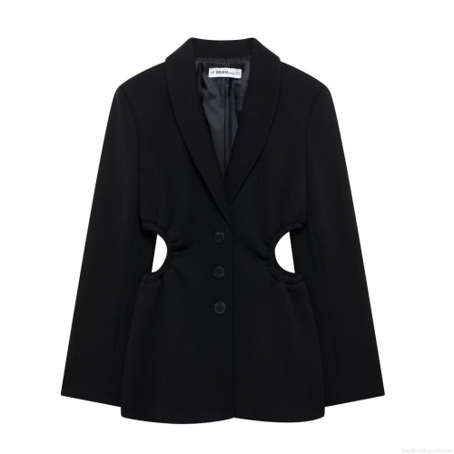 Women's Black Polyester Blazer Jacket With Unique Cut-out Waist Design Long Sleeve Suit Collar Single Breasted Office Commuter Style Chic Outerwear