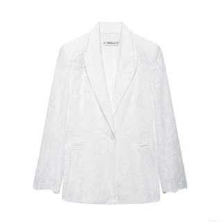 Women's Elegant Romantic Embroidery Shawl Collar Blazer White Eyelet Lace Hollow Out Long Sleeve Straight Suit Jacket For Commute Ladies Office Outerwear