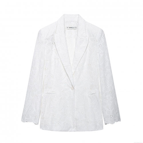 Women's Elegant Romantic Embroidery Shawl Collar Blazer White Eyelet Lace Hollow Out Long Sleeve Straight Suit Jacket For Commute Ladies Office Outerwear