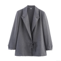 Women's Grey Polyester Blazer Jacket Long Sleeve Notch Lapel Lace-up Bow Waist Commuter Elegant Solid Color Business Suit Casual Outerwear