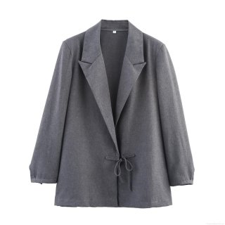 Women's Grey Polyester Blazer Jacket Long Sleeve Notch Lapel Lace-up Bow Waist Commuter Elegant Solid Color Business Suit Casual Outerwear