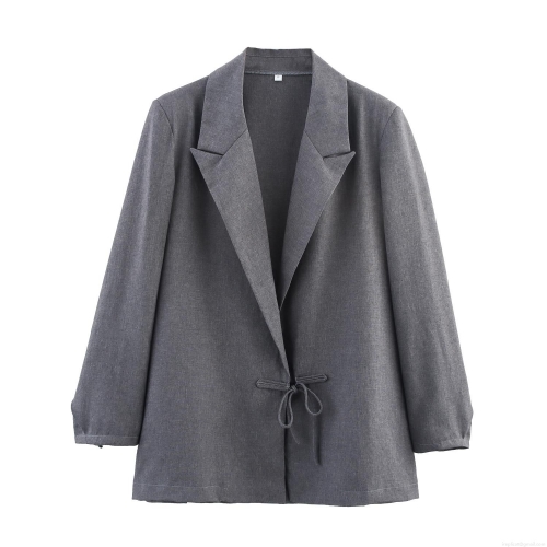 Women's Grey Polyester Blazer Jacket Long Sleeve Notch Lapel Lace-up Bow Waist Commuter Elegant Solid Color Business Suit Casual Outerwear