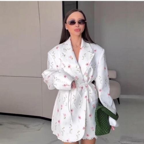 Women Floral Print Blazer Notched Lapel Long Sleeve Casual Loose Suit Jacket With Self-Tie Belt Elegant Office Lady Streetwear Outerwear For Spring Summer
