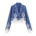 Women's Short Blazer Jacket White Lace Patchwork Floral Embroidery Suit Collar Long Sleeve Polyester Outerwear Spring Office Casual Blue