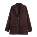 Women Loose Chestnut Blazer British Academy Style Long Sleeve Suit Jacket Cotton Linen Blend Mid Length Outerwear With Metal Buttons For Autumn Winter Office Lady