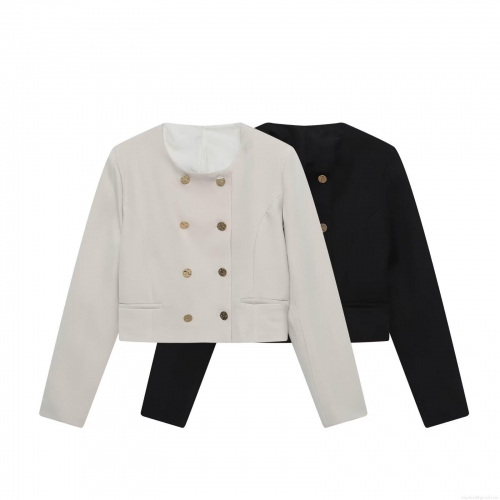 Women's Elegant Short Blazer Jacket Round Neck Double-Breasted Gold Buttons Solid Color Long Sleeve Suit Outerwear For Office Lady Minimalist Streetwear Style Polyester