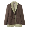 Women's Patchwork Blazer Contrast Color Notched Lapel Long Sleeve Polyester Suit Jacket Autumn Winter Streetwear Office Commuting Casual Outerwear