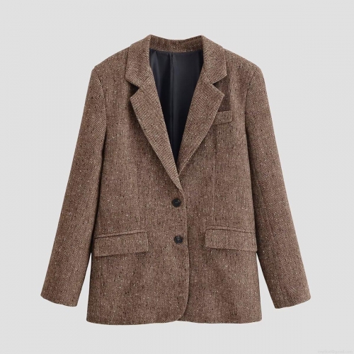 Women Brown Herringbone Tweed Blazer Jacket Retro British Style Notch Lapel Long Sleeve Suit Coat With Flap Pockets Elegant Office Lady Workwear Casual Autumn Winter Outerwear