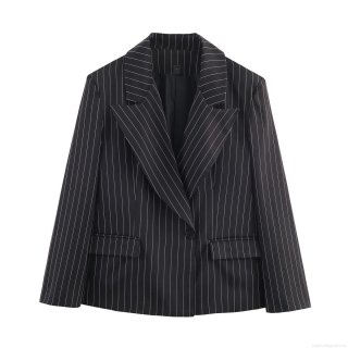 Women's Pinstripe Blazer Jacket Polyester Long Sleeve Single Button Loose Fit Office Suit Outerwear for Business Lady Streetwear Style