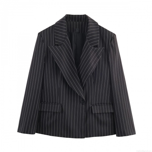 Women's Pinstripe Blazer Jacket Polyester Long Sleeve Single Button Loose Fit Office Suit Outerwear for Business Lady Streetwear Style