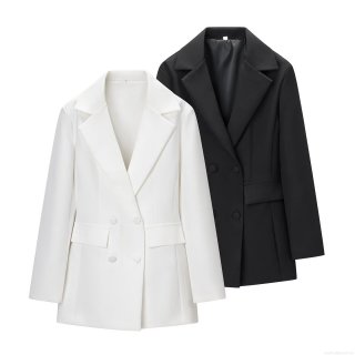 Women Solid Color Polyester Blazer Jacket Slim Fit Double Breasted Notch Lapel Long Sleeve Mid-Length Outerwear For Office Daily Professional Streetwear