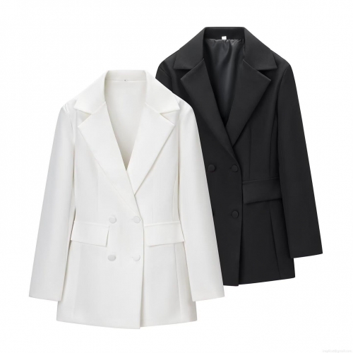 Women Solid Color Polyester Blazer Jacket Slim Fit Double Breasted Notch Lapel Long Sleeve Mid-Length Outerwear For Office Daily Professional Streetwear