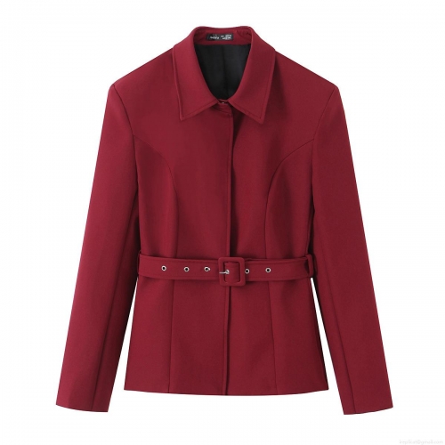 Women's Loose Fit Blazer Jacket With Belt Wine Red Lapel Long Sleeve Polyester Solid Outerwear For Office Commuting Streetwear Autumn Winter