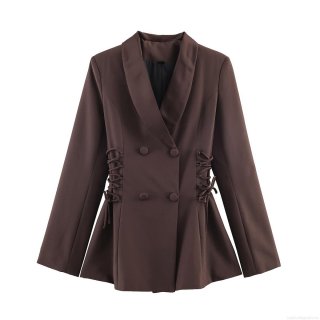 Women's Fashion Deep Brown Double Breasted Blazer Jacket With Side Lace Up Waist Tie Shawl Collar Long Sleeve Casual Solid Color Outerwear