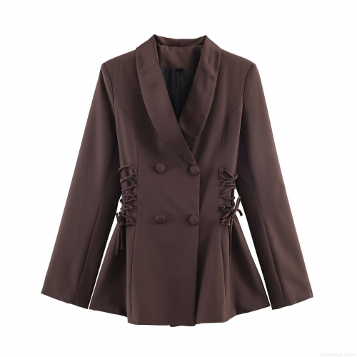 Women's Fashion Deep Brown Double Breasted Blazer Jacket With Side Lace Up Waist Tie Shawl Collar Long Sleeve Casual Solid Color Outerwear