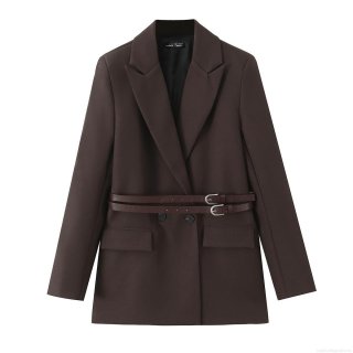 Fashion Women's Polyester Casual Double Belted Blazer Jacket Peak Lapel Double Breasted Solid Color Mid Length Long Sleeve Office Outerwear Coat