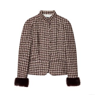 Women's Chic Plaid Tweed Blazer Jacket With Faux Fur Cuffs Stand Collar Single Breasted Short Coat Elegant Office Lady Streetwear Outwear