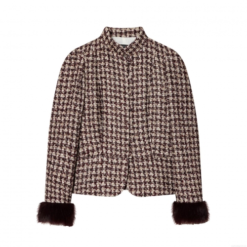 Women's Chic Plaid Tweed Blazer Jacket With Faux Fur Cuffs Stand Collar Single Breasted Short Coat Elegant Office Lady Streetwear Outwear