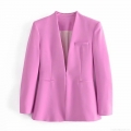 Women's Fashion Blazer Jacket 100% Polyester Collarless Open Front Coat Office Work Casual Long Sleeve Suit Outerwear with Pockets