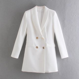 Women's Double Breasted Blazer Jacket With Gold Buttons Long Sleeve Slim Fit Solid Color Office Lady Elegant Commuter Professional Work Suit Outerwear Polyester Water Ripple Fabric