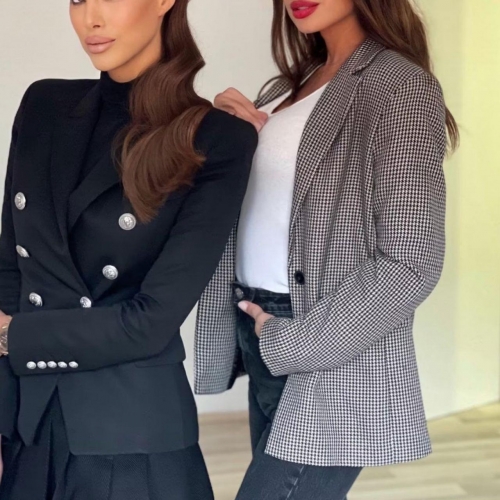 Women's Double Breasted Slim Fit Blazer Jacket With Lion Head Embossed Metal Buttons Professional Long Sleeve Polyester Outerwear Office Lady Suit Coat For Business Party Work