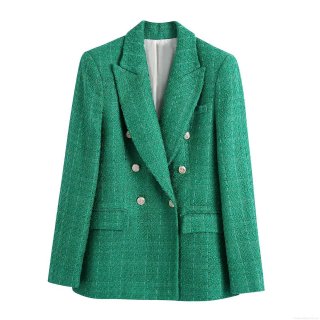 Women Elegant Tweed Texture Blazer Double Breasted Silver Lion Button Long Sleeve Jacket Streetwear Y2K Casual Outerwear Formal Business Coat