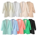 Women's Casual Blazer Jacket 100% Polyester Ruched 3/4 Sleeve Lapel Collar Open Front Suit Coat For Office Career Work Ladies Solid Color Top