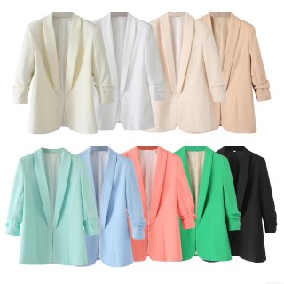 Women's Casual Blazer Jacket 100% Polyester Ruched 3/4 Sleeve Lapel Collar Open Front Suit Coat For Office Career Work Ladies Solid Color Top