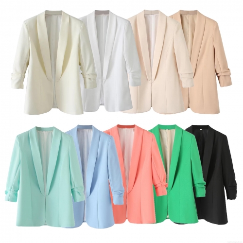 Women's Casual Blazer Jacket 100% Polyester Ruched 3/4 Sleeve Lapel Collar Open Front Suit Coat For Office Career Work Ladies Solid Color Top