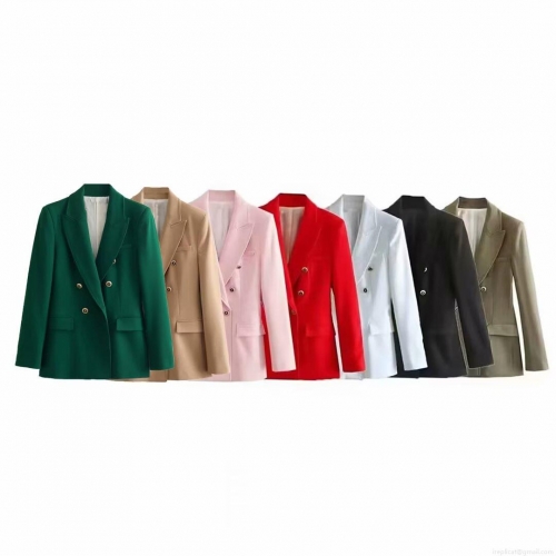 Women's Slim Fit Double Breasted Blazer Jacket With Gold Metal Buttons Professional Office Polyester Suit Coat For Casual Daily Streetwear