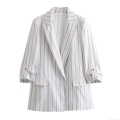Women's Casual Blazer Jacket Polyester Roll-up Sleeve Button Detail Solid Color Striped Office Business Slim Fit Outerwear For Women