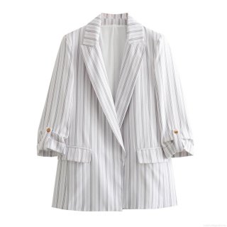 Women's Casual Blazer Jacket Polyester Roll-up Sleeve Button Detail Solid Color Striped Office Business Slim Fit Outerwear For Women
