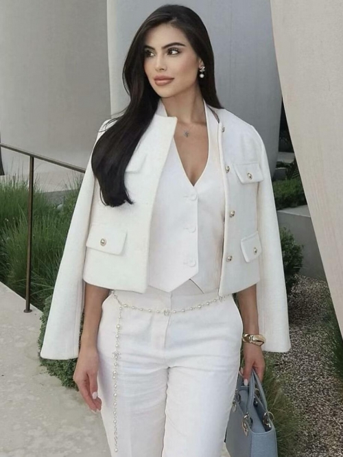 Women's Tweed Short Jacket Elegant Round Neck Blazer With Gold Buttons Long Sleeve Office Lady Work Outerwear For Fall Winter