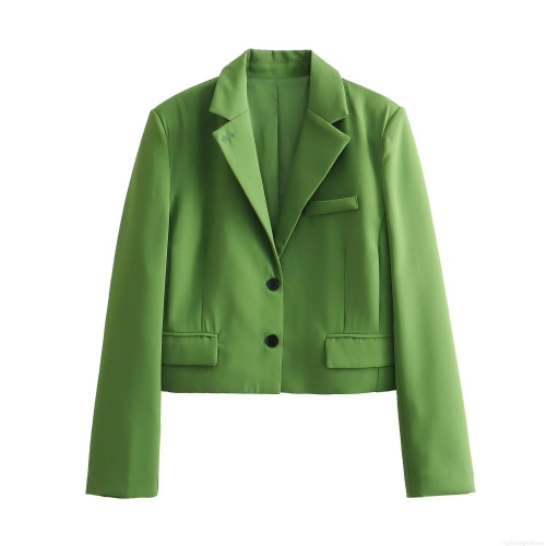 Women's Cropped Blazer Jacket Slim Fit Notched Lapel Single Breasted Solid Color Casual Streetwear Polyester Outerwear For Women Green