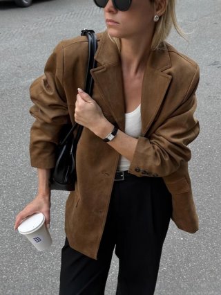 Women's Oversized Suede Blazer Jacket Single Breasted Faux Suede Solid Color Lapel Outerwear Streetwear Casual Long Sleeve Mid Length Fashion Blazer