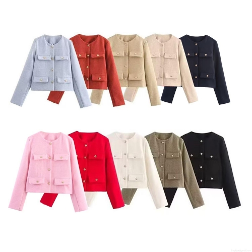 Women Elegant Tweed Jacket Round Neck Gold Metal Button Crop Blazer Long Sleeve Autumn Winter Short Outwear Fashion Lady Slim Suit Jacket