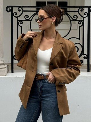 Women's Fashion Faux Suede Blazer Notched Lapel Long Sleeve Mid-length Jacket Autumn Winter Solid Color Casual Commuting Outerwear Street Style Top