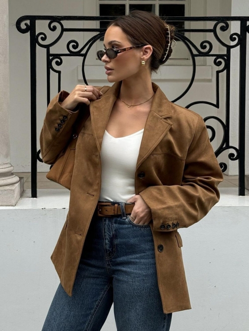 Women's Fashion Faux Suede Blazer Notched Lapel Long Sleeve Mid-length Jacket Autumn Winter Solid Color Casual Commuting Outerwear Street Style Top