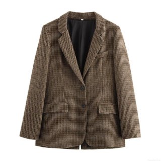 Women's Retro Brown Houndstooth Wool Blend Blazer Jacket Long Sleeve Lapel Plaid Coat for Office Lady Streetwear Autumn Winter Outerwear