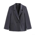 Women's Loose Striped Blazer Double Breasted Suit Jacket Polyester Notched Lapel Long Sleeve Casual Office Business Streetwear Outwear