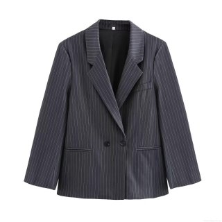 Women's Loose Striped Blazer Double Breasted Suit Jacket Polyester Notched Lapel Long Sleeve Casual Office Business Streetwear Outwear