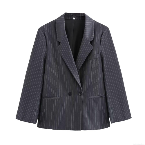 Women's Loose Striped Blazer Double Breasted Suit Jacket Polyester Notched Lapel Long Sleeve Casual Office Business Streetwear Outwear