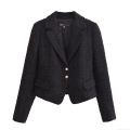 Women's Slim Fit Tweed Blazer Jacket With Gold Buttons Elegant Long Sleeve Business Casual Office Party Outerwear For Ladies