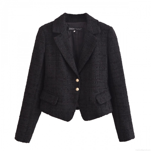 Women's Slim Fit Tweed Blazer Jacket With Gold Buttons Elegant Long Sleeve Business Casual Office Party Outerwear For Ladies