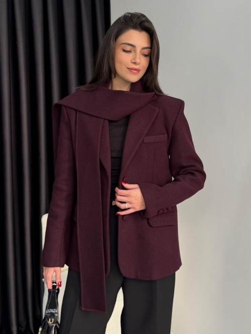 Women's European Fashion Woolen Blazer Jacket With Matching Scarf Long Sleeve Scarf Collar Single Breasted Solid Color Warm Coat Streetwear Elegant Office Tops