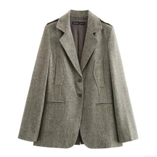 Women's Fashion Tweed Blazer Jacket Long Sleeve Notch Lapel Suit Coat with Shoulder Straps Mixed Weave Casual Outerwear for Ladies